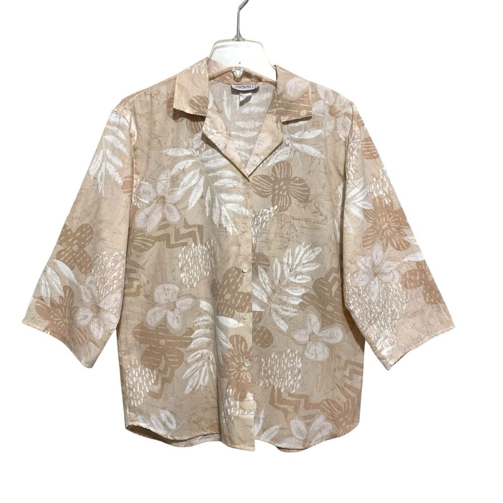 Vtg Giovelli Blouse Top Button-Up Womens Size Large Tan Ivory Floral 3/4 Sleeve